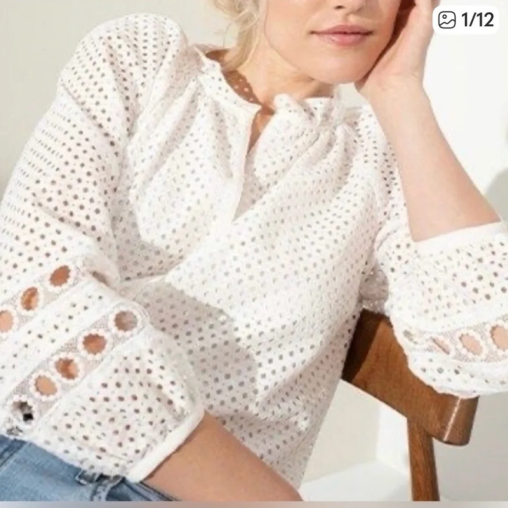Banana Republic White Eyelet Peasant Blouse Ruffled Trim 3/4 Sleeves - Size XL